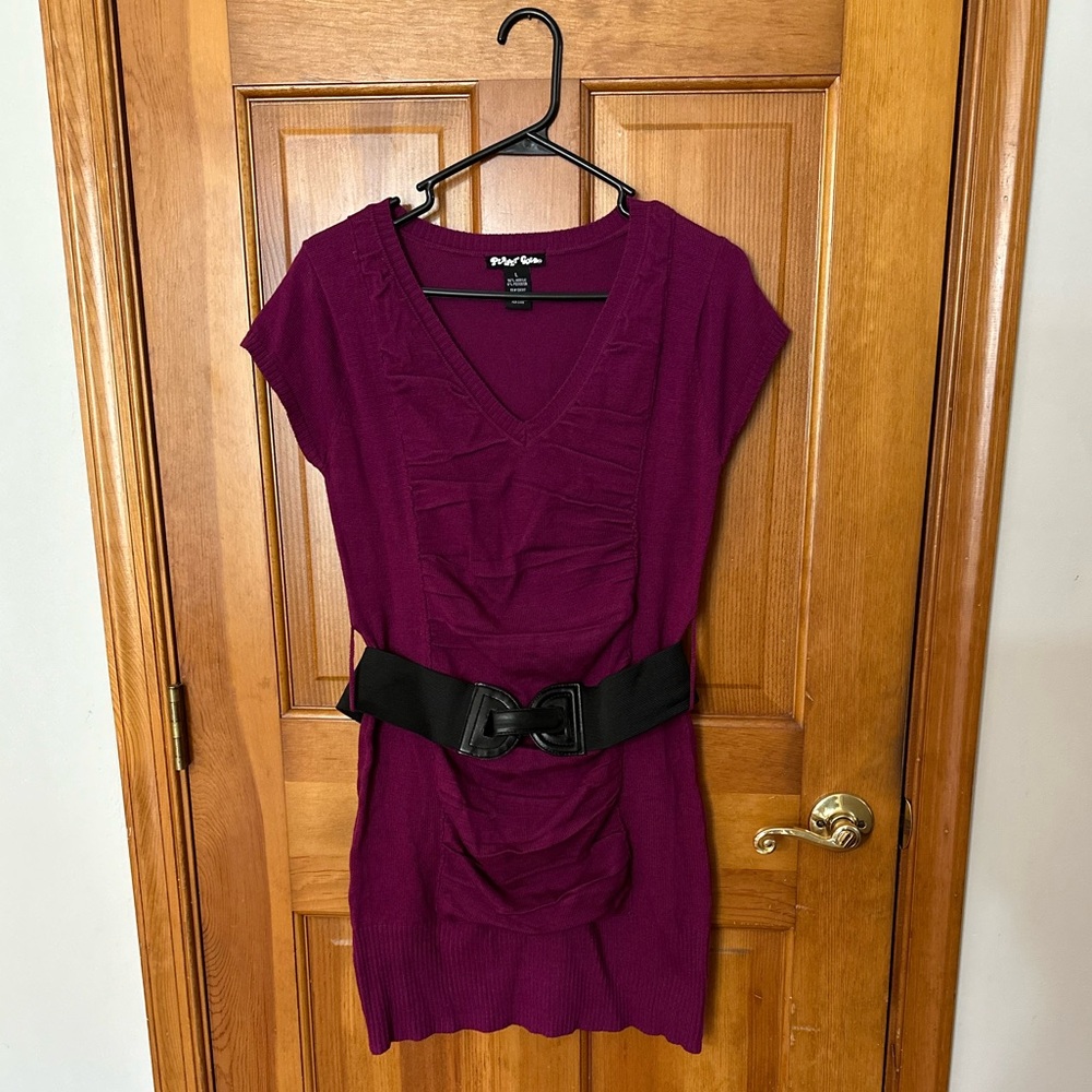 Purple Sweater Dress with Black Belt